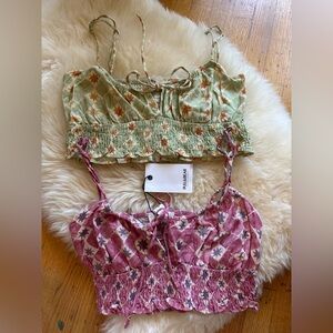 Pull&Bear - 2 Floral Smocked Crop Tops - Green and Pink, size M